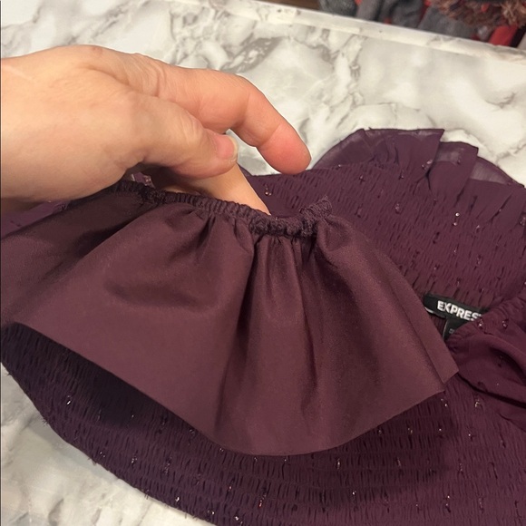 EXPRESS Purple Sparkle Long Sleeve Elastic Smocked Puff Shoulder Blouse XL - Picture 6 of 12